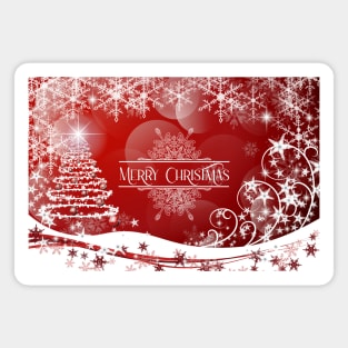 Pretty Xmas Tree and Snowflakes and Merry Christmas Greeting - on Red Magnet